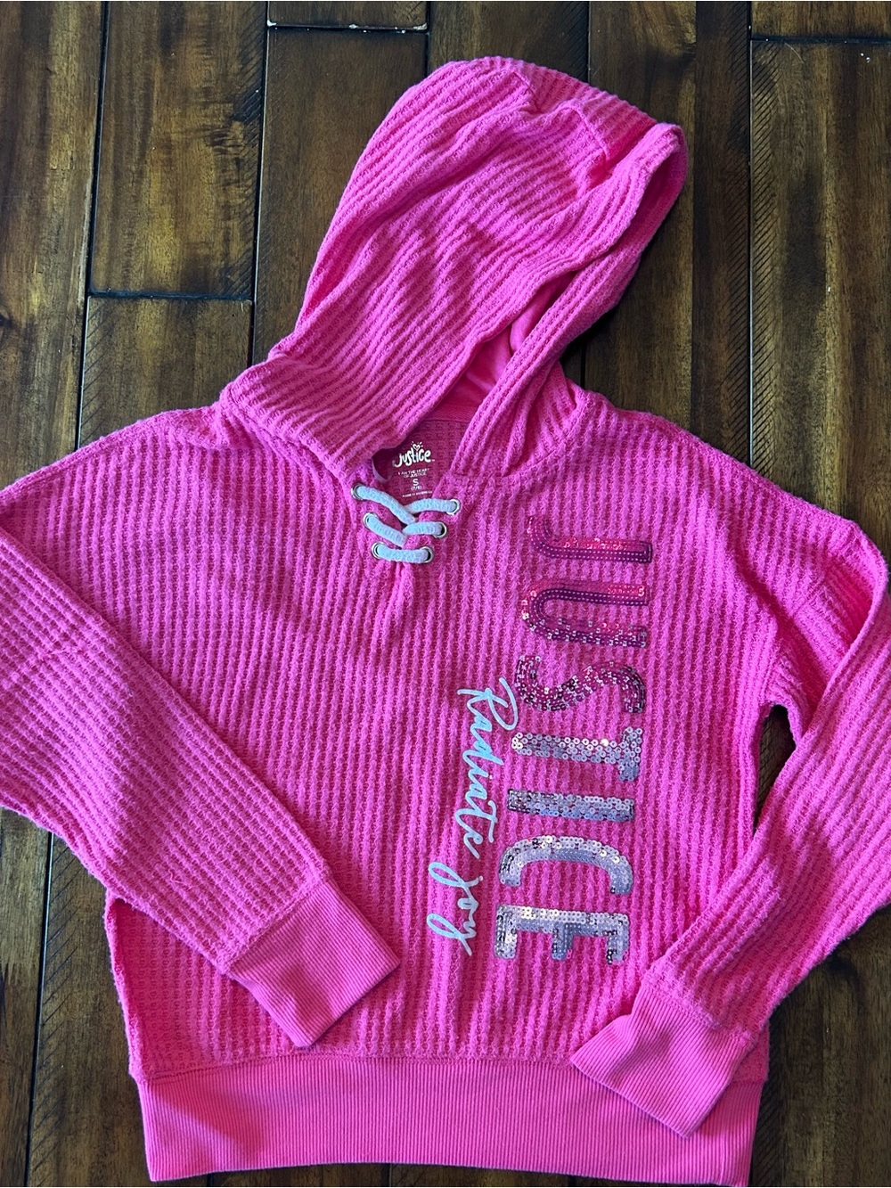 Justice Pink Waffle-Knit Hooded Pullover with Sequin Logo